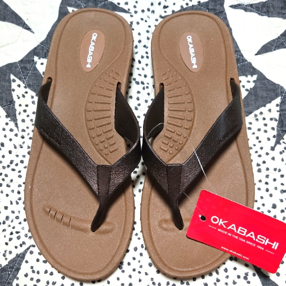 Okabashi Brown and Dark Brown Flip Flop Sandals. SIZE [6.5 thru 7.5]